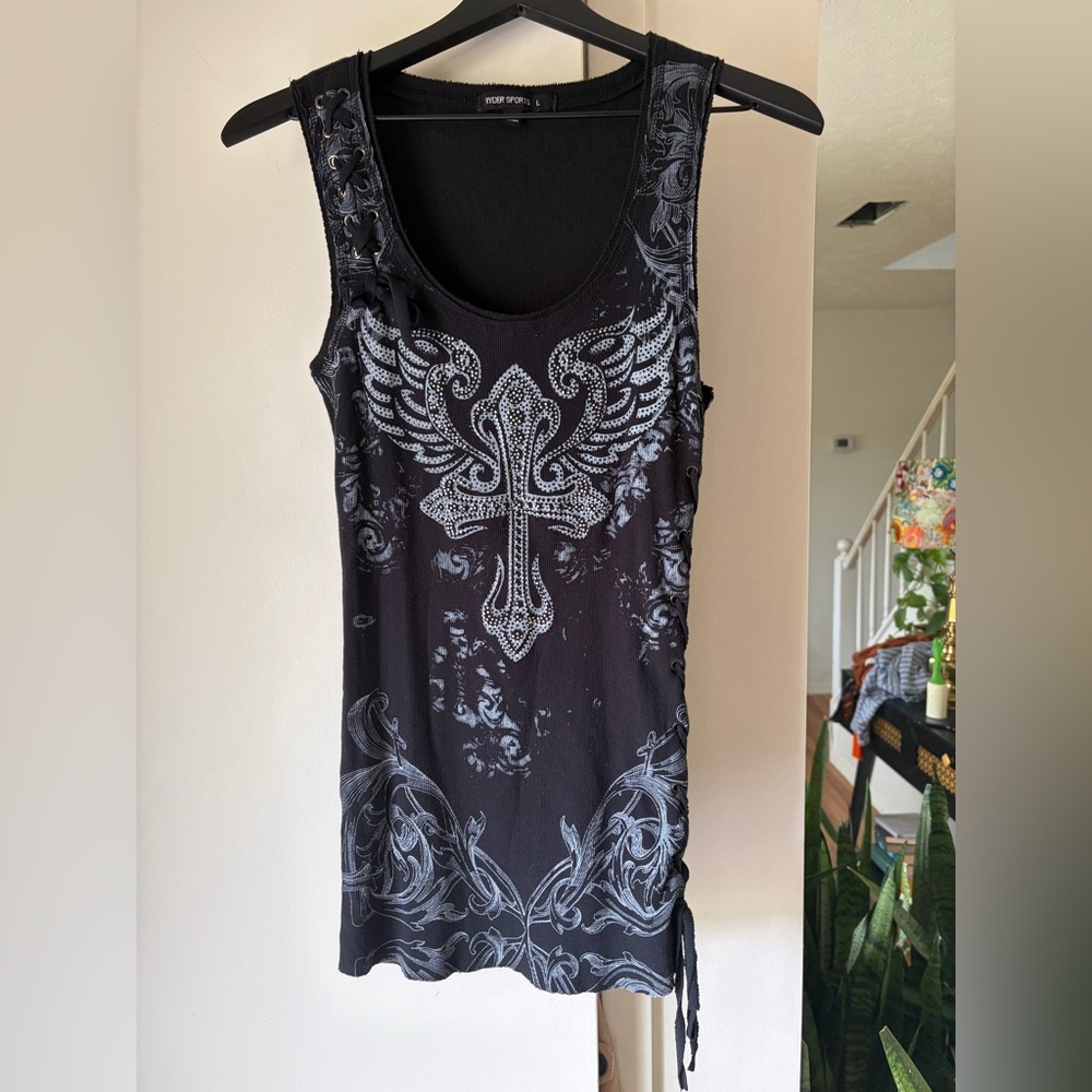 Y2k Top with Cross Design and angel wings
